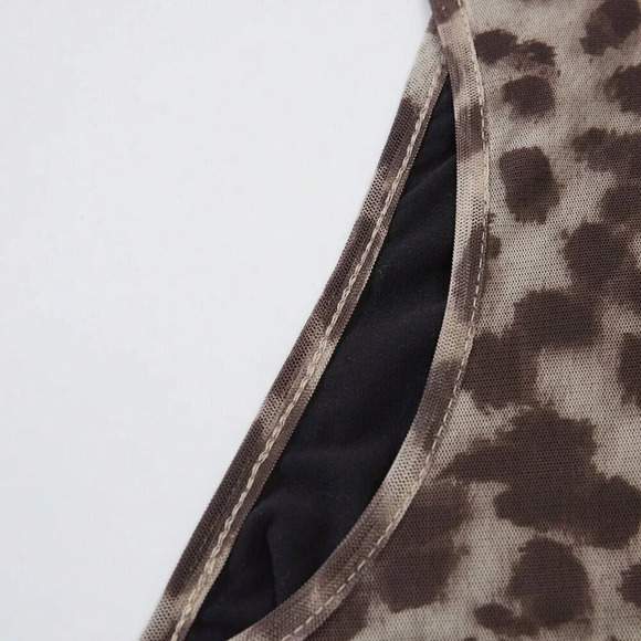 Multicolor Casual Women's Leopard Print Oblique Shoulder Bodysuit - Picture 3 of 7